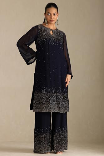 Soch Womens Navy Blue Georgette Suit Set With Stone Work