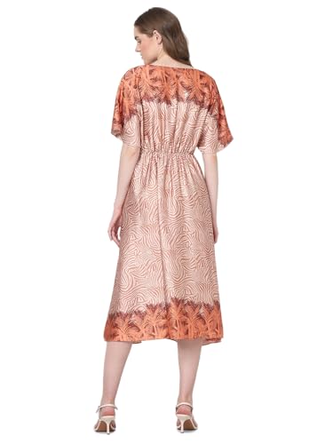 VERO MODA Women Abstract Print Orange Polyester Midi Length Fit and Flare Dress