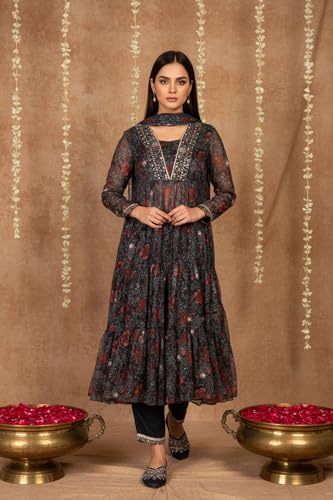 W for Woman Black Floral Printed Chiffon Flared Kurta with Straight Pant and Dupatta Set (WS13197-126216-L)