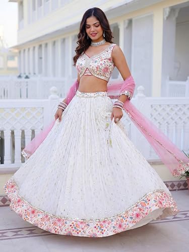 Zeel Clothing Women's Sequins Zari Embroidered Work Georgette Lehenga Choli With Dupatta (7070-White-Women-Lehenga-Choli; Free size) (White)