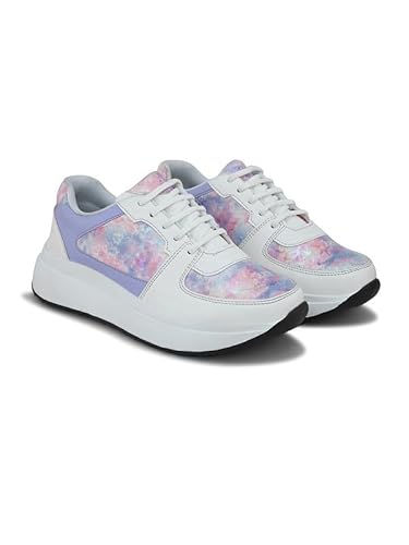 XE Looks Women Printed Lace-Up Sneakers | Comfortable Lightweight Soft Sole Casual Shoes for Girls | Fashionable, and Stylish Design Footwear | Ideal for Walking, Running and Daily Use (Purple)