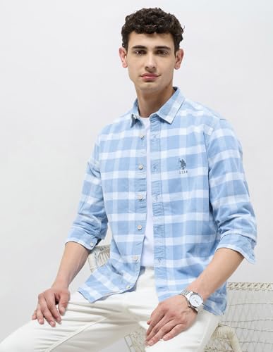 U.S. Polo Assn. Denim Co. Men's Checkered Slim Fit Shirt (UDSHT1949_Light Indigo