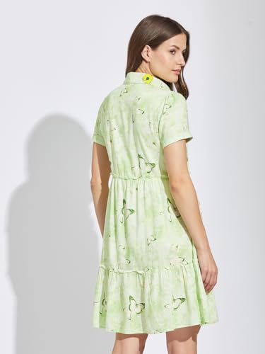 Latin Quarters Women Green Collar Neck Half Sleeves Printed Above Knee Shirt Dress for Casual Wear_M