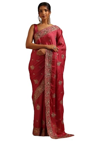 Soch Womens Onion Pink Fendy Chiffon Floral Saree With Stone Work