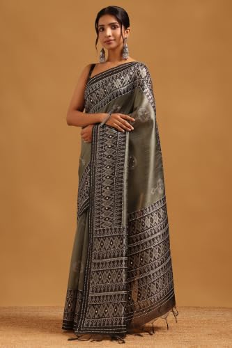 Soch Womens Olive Tussar Kantha Embroidered Saree With Mirror Work