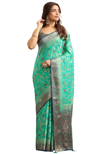 Soch Womens Teal Viscose Botanical Zari Woven Saree With Stone Work