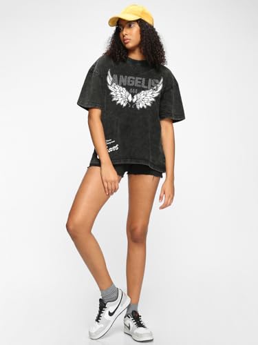 Bewakoof Women's Graphic Print Oversized Fit Half Sleeve Round Neck Cotton T-Shirt_677635_Black_3XL