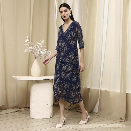 Biba Women's Georgette A-Line Knee-Length Casual Dress (VINWIN30557AW25BLU_Blue