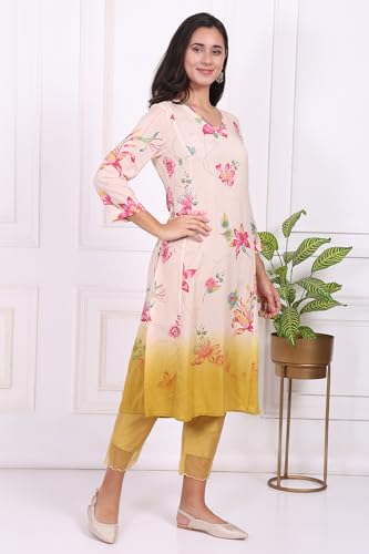 W for Woman Off-White Floral Printed Beaded Modal Straight Kurta, Pants and Dupatta Set - (WS13669-126956-L)