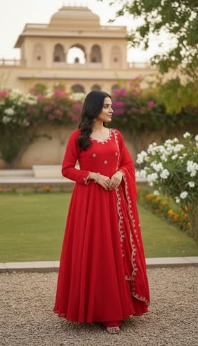 Leeli Peeri Designer Women's Vichitra Silk Embroidery Work Anarkali Kurta with Trouser and Dupatta