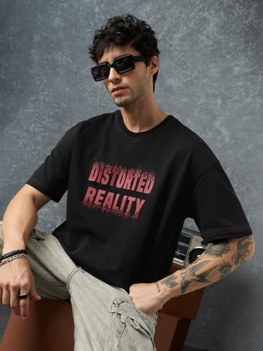 The Souled Store Oversized T-Shirt: Distorted Reality Men and Boys Short Sleeves Round Neck Black Graphic Printed Casual Lightweight Drop Shoulder Streetwear Trendy Oversized T-Shirt