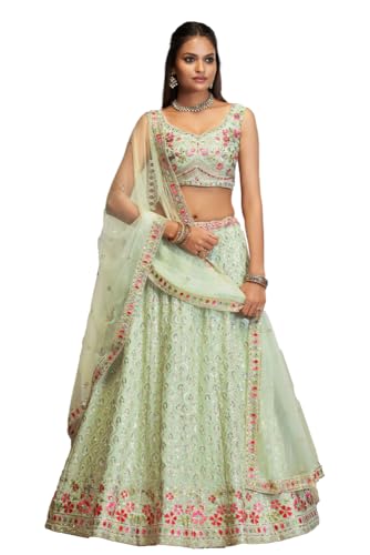 JIHU CULUTURE Pista green thread embroidery georgette Semi-Stitched lehenga choli with dupatta For Women