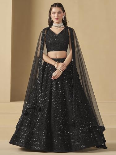 Zeel Clothing Women's Sequins Thread Embroidered Georgette Lehenga Choli With Dupatta (5124-Women-Lehenga-Choli-New; Free size) (Yellow) (Black)