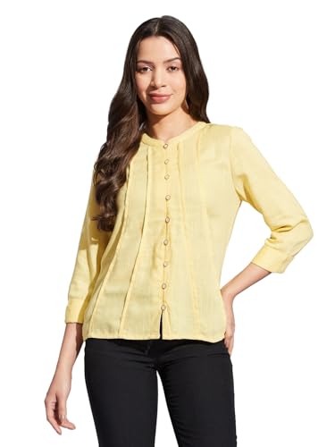 Latin Quarters Women Yellow Mandarin 3/4th Sleeves Solid Shirt Blouse for Casual Wear_S