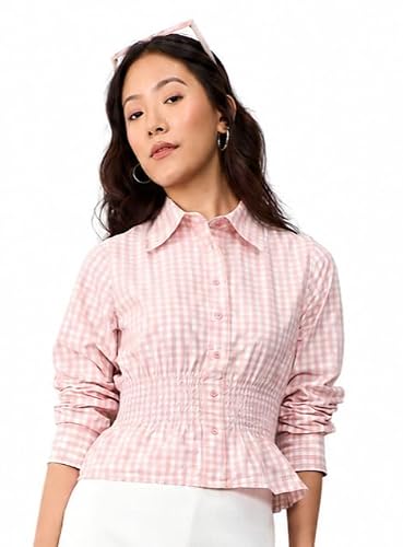 The Souled Store Picnic Plaid: Women and Girls Full Sleeves Spread Collar Pink Checked Cotton Slim Fit Smocked Waist Lightweight Easy to Style Trendy Summer Ready Shirt
