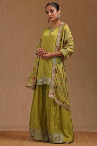 Soch Womens Yellow Tissue Zari Woven Suit Set Sequins