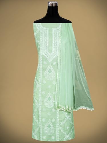 Ada Hand Embroidered Lucknowi Chikankari Unstitched Cotton Dress Material Suit Piece with Dupatta for Women 01A869347 Light Green