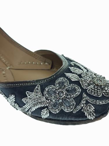 Fulkari Women Poppy Gunmetal Silver Soft Leather Embroidered Jutis | Bite and Pinch Free Jutti | Punjabi Formal Juttis | Girl's Wedding Flat Ladies Mojari | Formal Ethnic Juti | 41