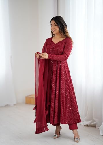 Leeli Peeri Designer Women's Georgette Lucknowi Sequence Work Anarkali Kurta Set With Dupatta.