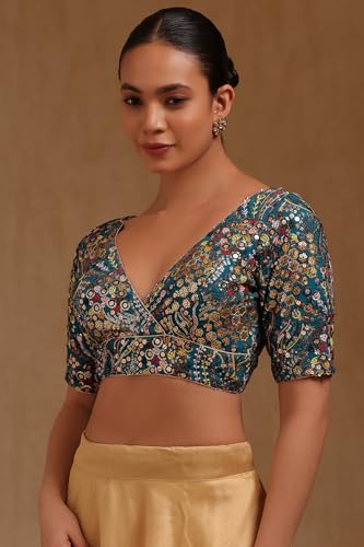 Soch Womens Turquoise Blue Georgette Embroidered Padded Blouse with Sequins
