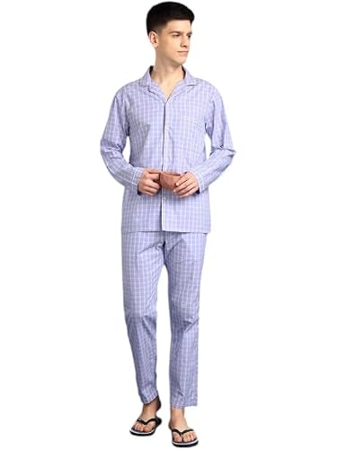 Hancock Men Cotton Checked Night Suit Lavender Size S