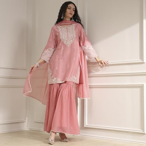 Biba Women Light Pink Cotton Silk Embroidered Straight Suit Set_40