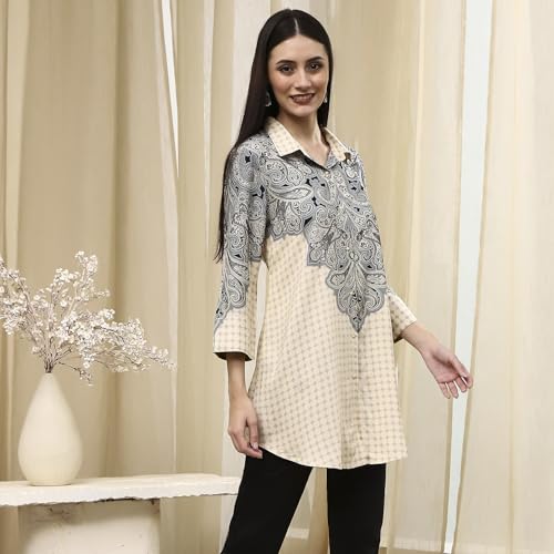 BIBA Women Ivory Printed Shirt-Style Straight Short Kurta_40
