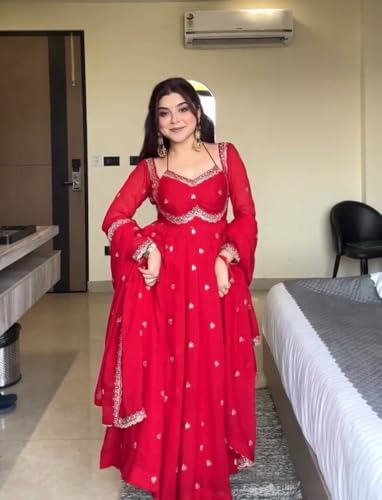 SAMUYA Elegant Red Anarkali Dress with Silver Embroidery, Traditional Indian Wedding Gown, Floor Length Ethnic Wear with Dupatta (in, Alpha, 2XL, Regular)
