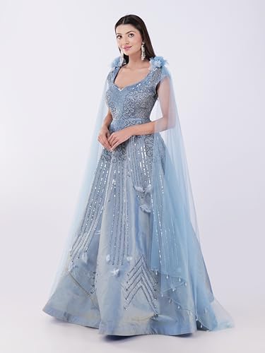 Ice Blue Embellished Sequin Gown with Cape Sleeves, Floor Length A-Line Evening Dress for Women