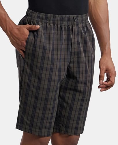 Jockey 9005 Men's Super Combed Mercerized Cotton Woven Fabric Regular Fit Checkered Bermuda with Side Pockets_Black Olive_M