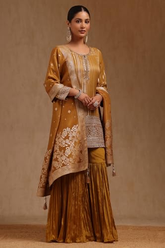 Soch Womens Mustard Tissue Zari Woven Suit Set With Mirror And Stone
