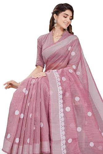 RANI SAAHIBA Women's Poly Cotton Embroidered Saree With Blouse Piece (SKR13767_Pink)