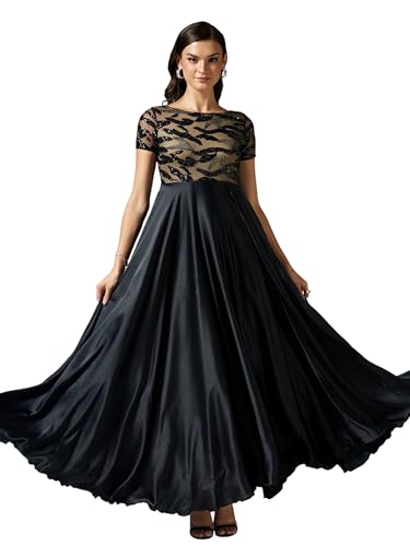Miss Chase Women's Boat-Neck Short-Sleeve Abstract Fit & Flare Satin Maxi Dress (MCAW25D85-18-62-06, Black, XL)
