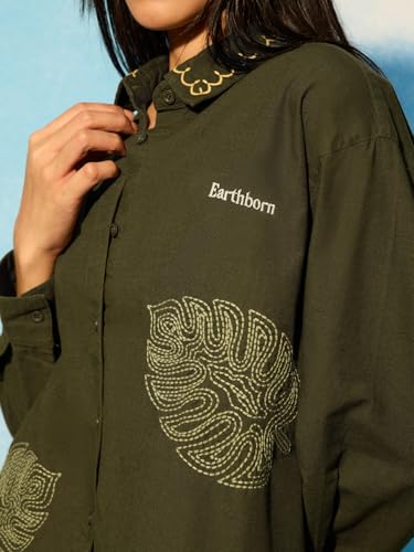 The Souled Store Earthborn: Botanical Leaf Women and Girls Full Length Sleeves Spread Collar Dark Olive Green Embroidered Cotton Linen Oversized Fit Lightweight Everyday Shirt