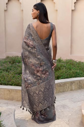 Soch Womens Grey Chanderi Floral Print Saree With Zari Woven