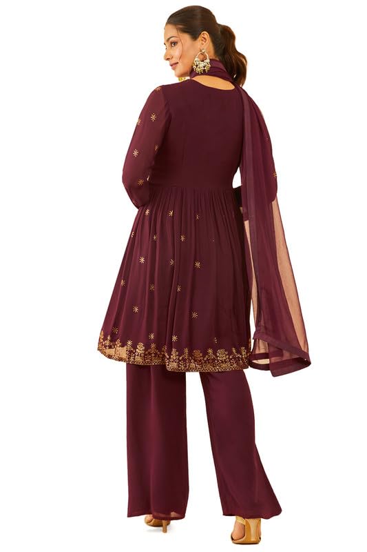 Soch Womens Maroon Embellished Georgette Alia Cut Suit Set