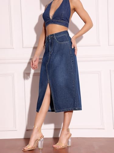 Miss Chase Women's Dark A-Line High-Rise Non-Stretchable Denim Midi Skirt (MCAW24DEN79-29-576-32, Gentian Blue, 32)