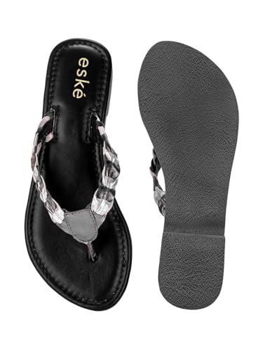 eske Ade Women's Embellished Leather Slip-On Sandals – Metallic Thong Flats with Cushioned Leather Insole | Lightweight & Stylish Open Toe Summer Footwear for Women (Pewter Silver, UK Footwear Size System, Adult, Women, Numeric, Medium, 5)