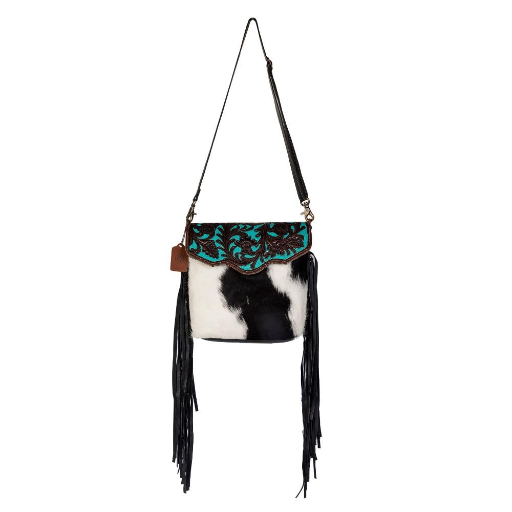 Myra Bag Aqua Hand-Tooled Bag Upcycled Cotton & Cowhide Leather S-2856