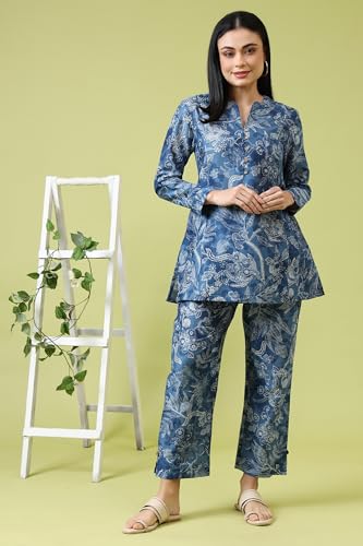 W for Woman Blue Floral Printed Pure Cotton Tunic and Pants Co-ord Set (Size: XS)-WS31228-124187