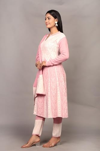 The Zigar Studio Woolen Kurta Set With Pants and Dupatta - Stitched Embroidery Suit Set with Pants and Dupatta-Floral Embroidery Woolen Kurta Set for Women Pk-Fullhair-Pink-L