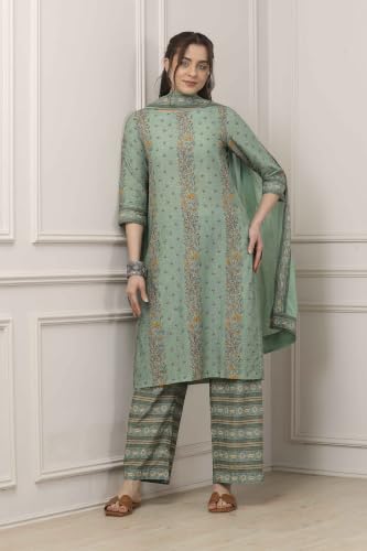 BIBA WOMEN PRINTED NARROW SALWAR KURTA DUPATTA(SKD7519E_SAGE GREEN_36)