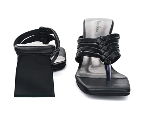 LOUIS STITCH Women’s Fashion Black Slip-On Block Heel Sandals | Weaved T-Strap Stylish Heel Sandal for Ladies, Fashionable and Comfortable Sandal| LDBH-WESTJB | UK-6