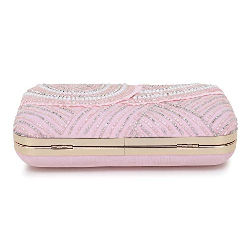 Anekaant Adorn Baby Pink & White Embellished Faux Silk Clutch