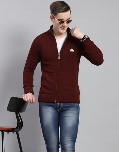 Monte Carlo Mens Maroon Solid Stand Collar Full Sleeve Wool Blend Casual Sweater | Warm Woolen Pullover for Men | Soft Comfortable Knitted Winter Wear Sweater for Men's