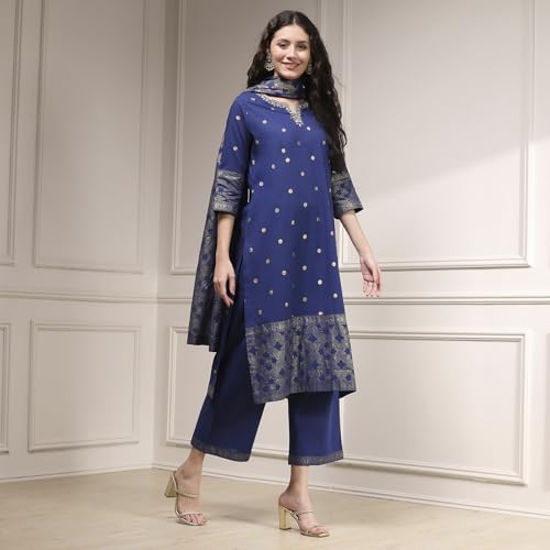 Biba Women's Blue Cotton Straight Printed Suit Set