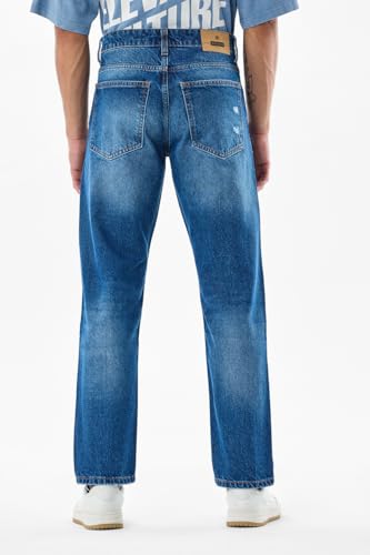 SNITCH Men Blue Casual Jeans | Relaxed Fit Heavy Distressed Design with Whiskered Effect | 100% Cotton Woven Fabric & Stone-Wash Finish for Street Wear