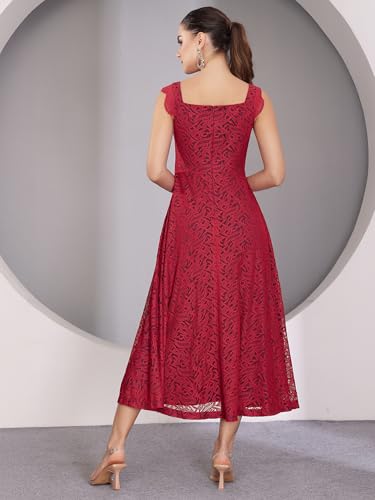 Miss Chase Womens Square Neck Sleeveless Self-Designed Ruffled Midi Lace Dress (MCSS25D16-76-143-04, Maroon, M)