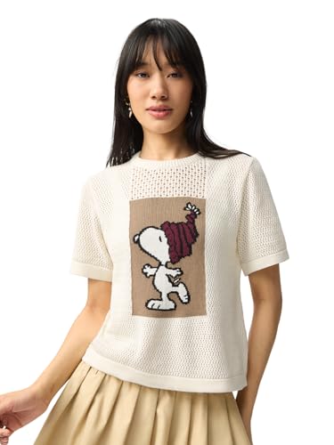 The Souled Store Peanuts Snoopster: Women and Girls Short Sleeves Round Neck Off-White Graphic Printed Cotton Relaxed Fit Breathable Lightweight Everyday Streetwear T-Shirt