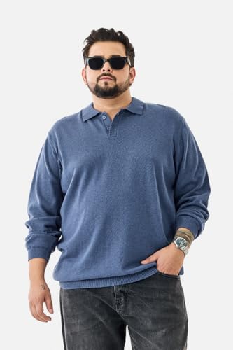 SNITCH Men Polo Plus Size Tshirt | Full Sleeve with Ribbed Cuffs | 100% Cotton Fabric | Solid Pattern & Minimalist Design | Casual Wear for Everyday Comfort | Blue